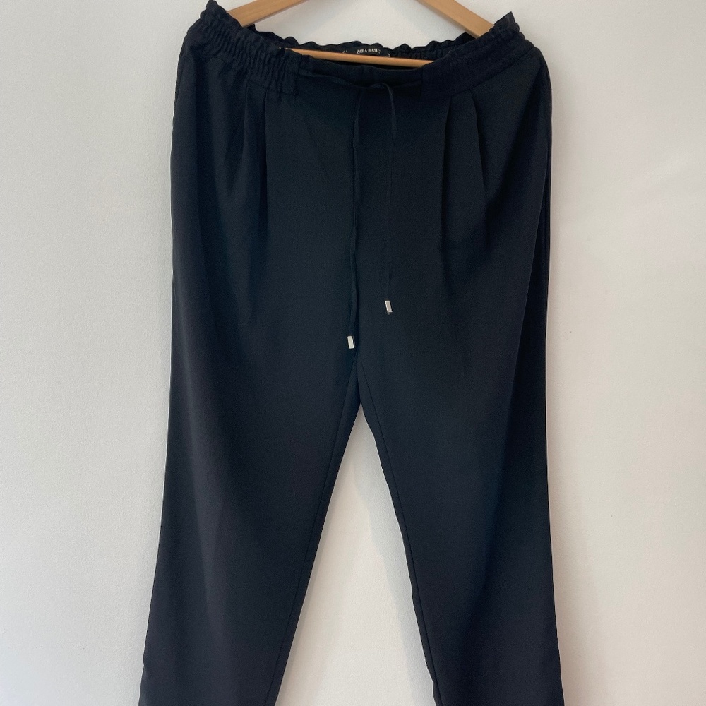 Zara Basic Black Drawstring Paper Bag Tapered Pan… - image 3